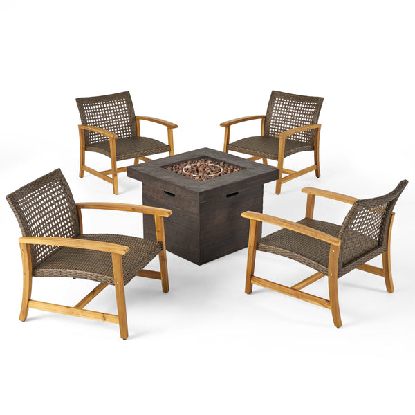 gdf studio Eleanor Outdoor 5 Piece Wood and Wicker Club Chairs and Fire Pit Set