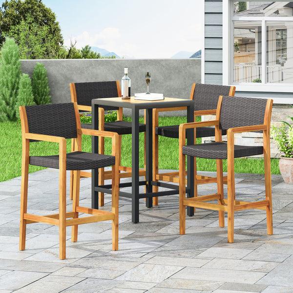 Gdf Studio Eliani Outdoor Acacia Wood Barstools With Wicker (Set Of 4)