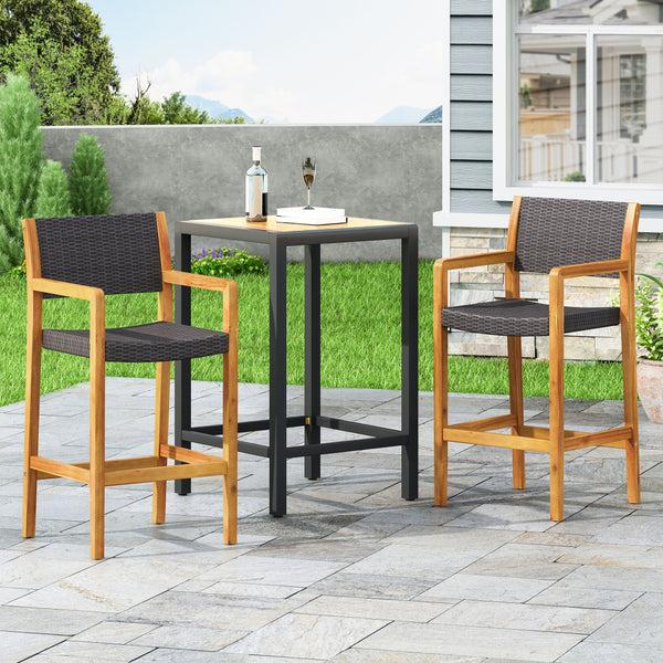 Gdf Studio Eliani Outdoor Acacia Wood Barstools With Wicker (Set Of 2)
