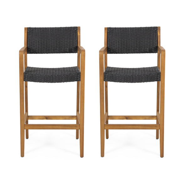 gdf studio Eliani Outdoor Acacia Wood Barstools with Wicker (Set of 2)