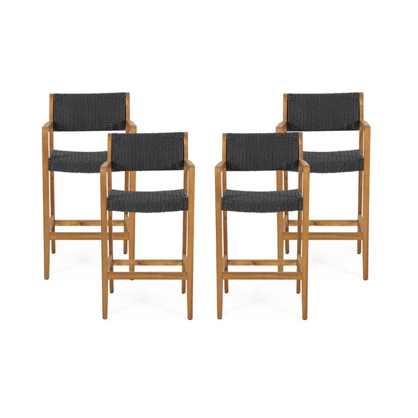 gdf studio Eliani Outdoor Acacia Wood Barstools with Wicker (Set of 4)