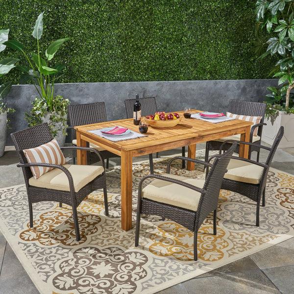 Gdf Studio Elis Outdoor 7 Piece Wood And Wicker Expandable Dining Set