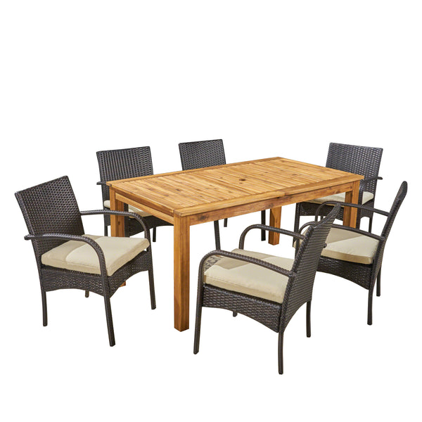 gdf studio Elis Outdoor 7 Piece Wood and Wicker Expandable Dining Set