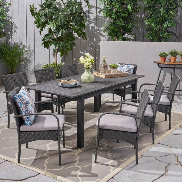 Gdf Studio Elis Outdoor 9 Piece Wood And Wicker Expandable Dining Set