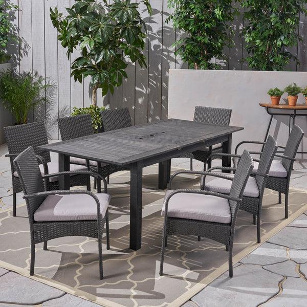 Gdf Studio Elis Outdoor 9 Piece Wood And Wicker Expandable Dining Set