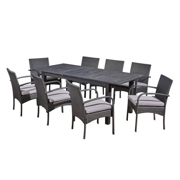 gdf studio Elis Outdoor 9 Piece Wood and Wicker Expandable Dining Set