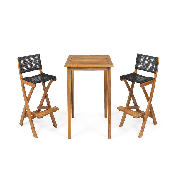 Gdf Studio Elizabeth Outdoor 26" Square 3 Piece Wood And Wicker Bar Height Set