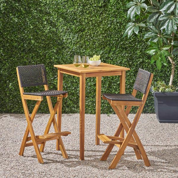 gdf studio Elizabeth Outdoor 26" Square 3 Piece Wood and Wicker Bar Height Set