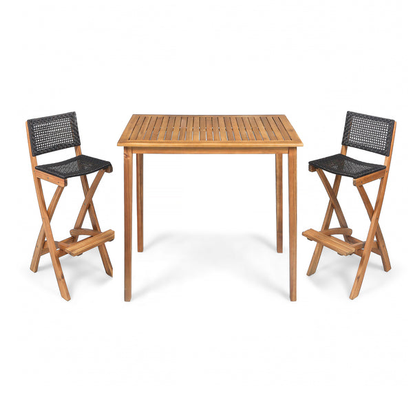 Gdf Studio Elizabeth Outdoor 45" Rectangular 3 Piece Wood And Wicker Bar Height Set