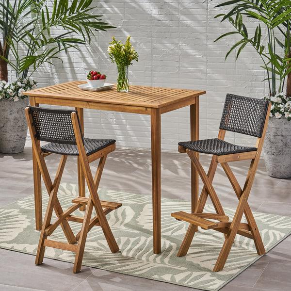 gdf studio Elizabeth Outdoor 45" Rectangular 3 Piece Wood and Wicker Bar Height Set