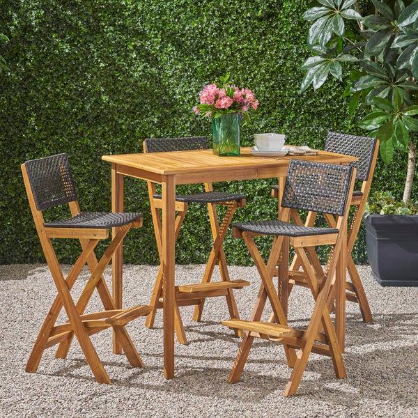 gdf studio Elizabeth Outdoor 45" Rectangular 5 Piece Wood and Wicker Bar Height Set
