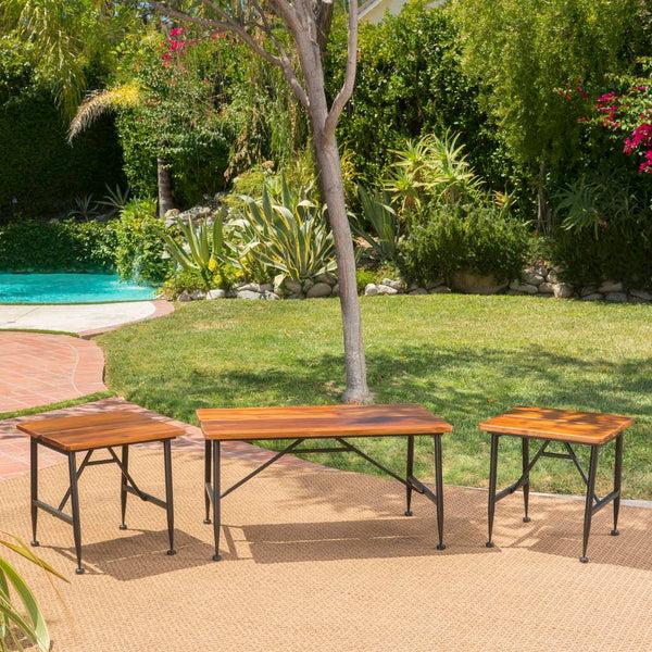 Gdf Studio Ellaria Outdoor Rustic Industrial Acacia Wood Coffee Table And Accent Table Set With Metal Frame Teak And Black