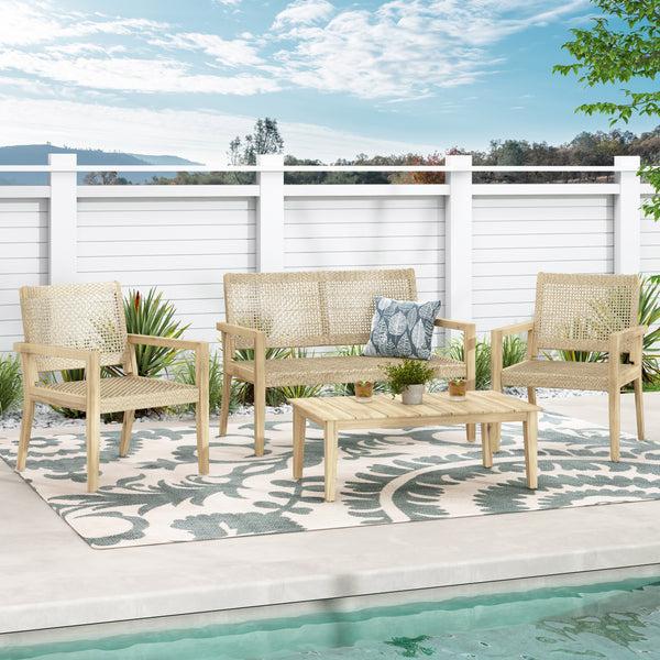 Gdf Studio Elmcrest Outdoor Wicker And Acacia Wood 4 Seater Chat Set Light Multibrown And Light Brown