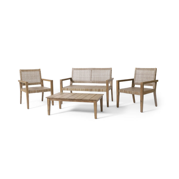 gdf studio Elmcrest Outdoor Wicker and Acacia Wood 4 Seater Chat Set Light Multibrown and Light Brown