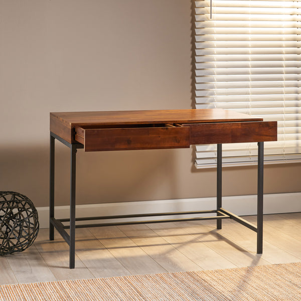 Gdf Studio Elrod Industrial Dark Oak Acacia Wood Storage Desk With Rustic Metal Iron Accent