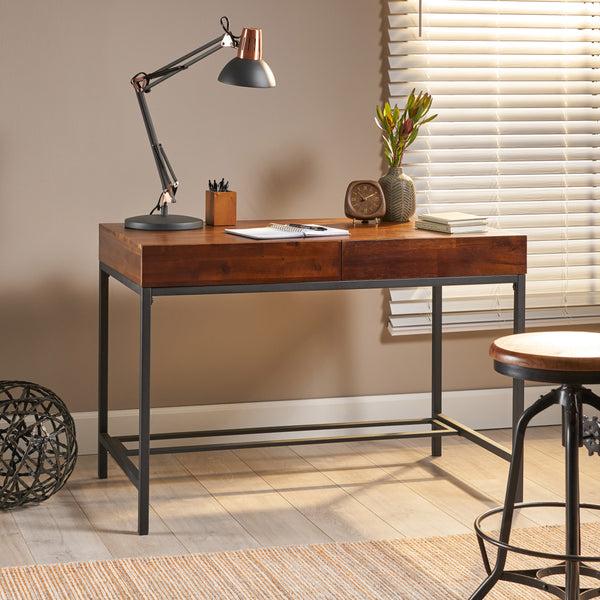 Gdf Studio Elrod Industrial Dark Oak Acacia Wood Storage Desk With Rustic Metal Iron Accent