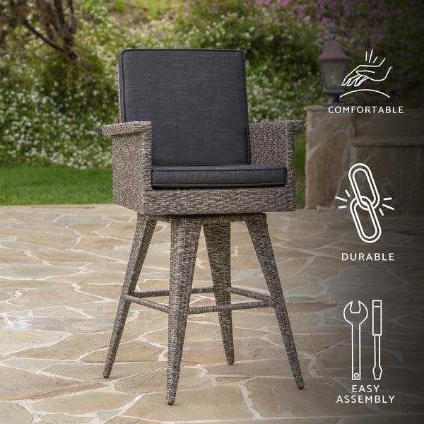Gdf Studio Elysium 30-Inch Outdoor Wicker Barstool With Water Resistant Cushions