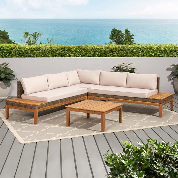 Gdf Studio Emanuel Outdoor Acacia Wood And Wicker 5 Seater Sectional Sofa Set With Water-Resistant Cushions