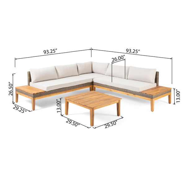 Gdf Studio Emanuel Outdoor Acacia Wood And Wicker 5 Seater Sectional Sofa Set With Water-Resistant Cushions