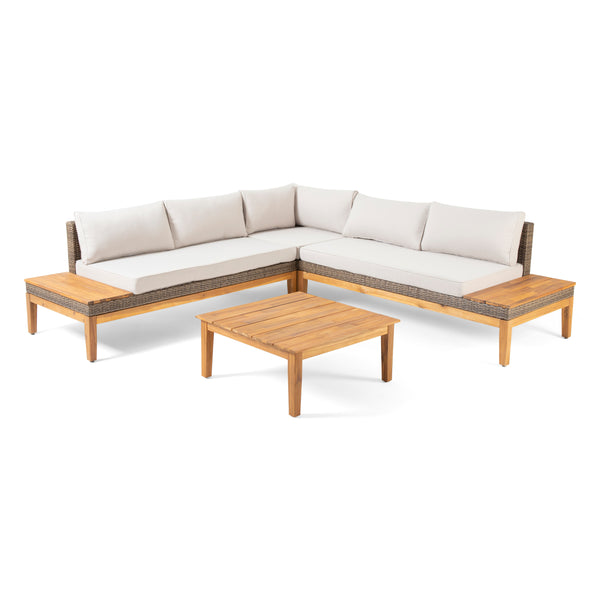 gdf studio Emanuel Outdoor Acacia Wood and Wicker 5 Seater Sectional Sofa Set with Water-Resistant Cushions