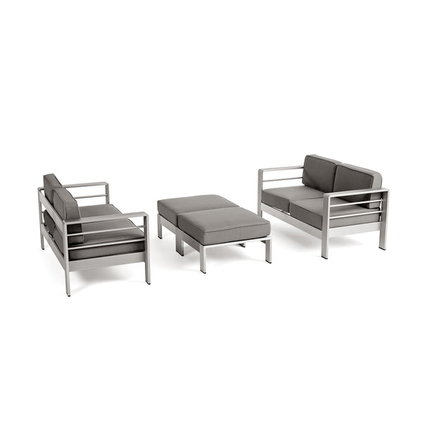 gdf studio Emily Coral Outdoor 4-Seater Aluminum Loveseat and Ottoman Set Silver and Khaki