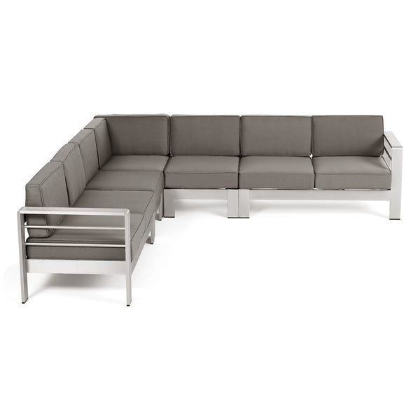 gdf studio Emily Coral Outdoor 7-Seater Aluminum Sectional Sofa Set Silver and Khaki