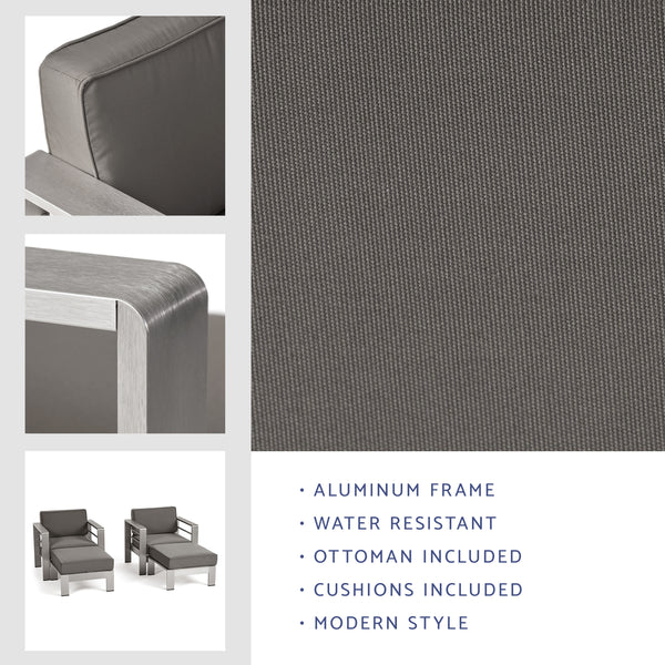 Gdf Studio Emily Coral Outdoor Aluminum 2-Seater Club Chair Chat Set With Ottomans Silver And Gray