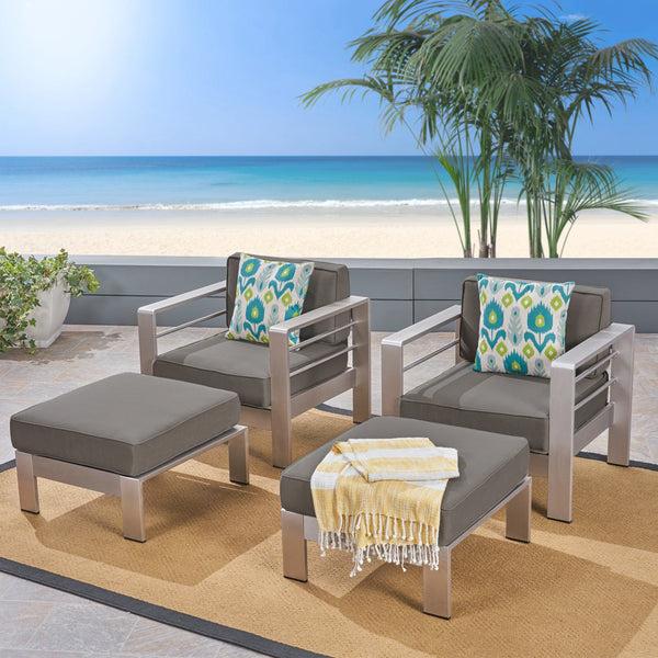 Gdf Studio Emily Coral Outdoor Aluminum 2-Seater Club Chair Chat Set With Ottomans Silver And Gray