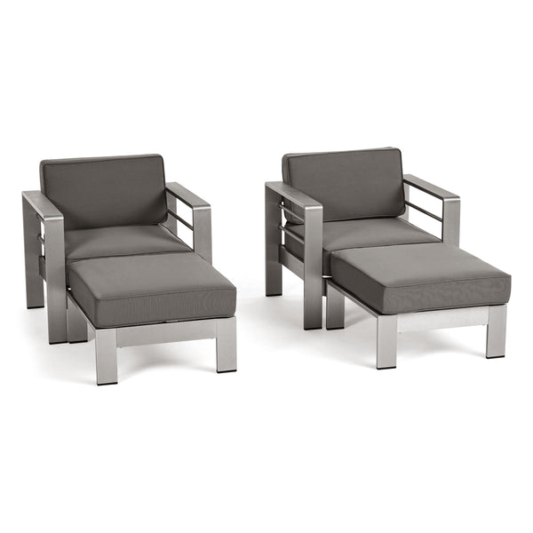 Gdf Studio Emily Coral Outdoor Aluminum 2-Seater Club Chair Chat Set With Ottomans Silver And Gray