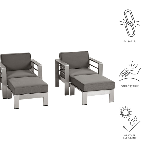 gdf studio Emily Coral Outdoor Aluminum 2-Seater Club Chair Chat Set with Ottomans Silver and Gray