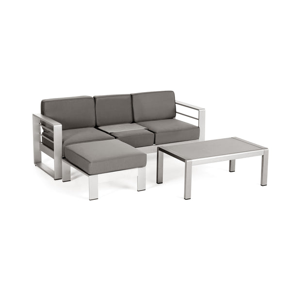 gdf studio Emily Coral Outdoor Aluminum 3-Seater Sofa Set with Coffee Table and Ottman Silver and Khaki