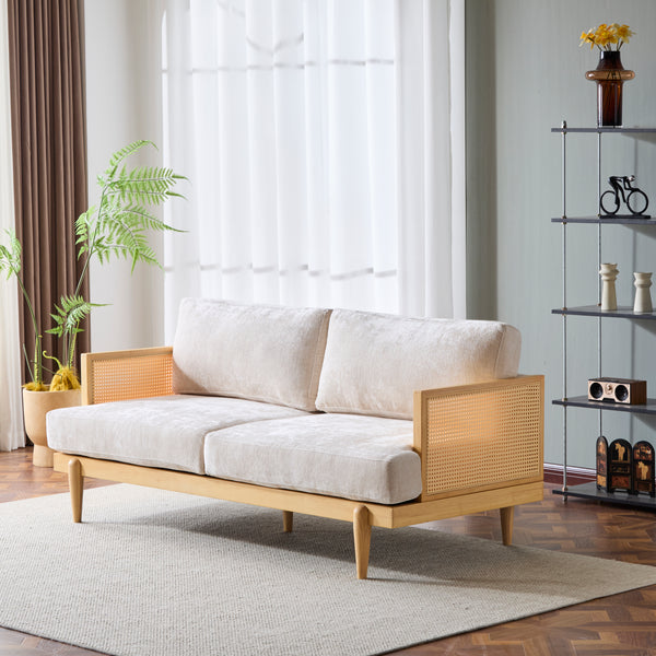 Gdf Studio EMIR 72" Square Arm 3-Seater Sofa With Cane Rattan And Wooden Frame