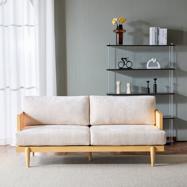 Gdf Studio EMIR 72" Square Arm 3-Seater Sofa With Cane Rattan And Wooden Frame
