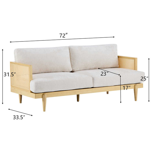 Gdf Studio EMIR 72" Square Arm 3-Seater Sofa With Cane Rattan And Wooden Frame
