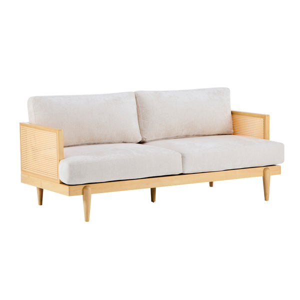 gdf studio EMIR 72" Square Arm 3-Seater Sofa with Cane Rattan and Wooden Frame