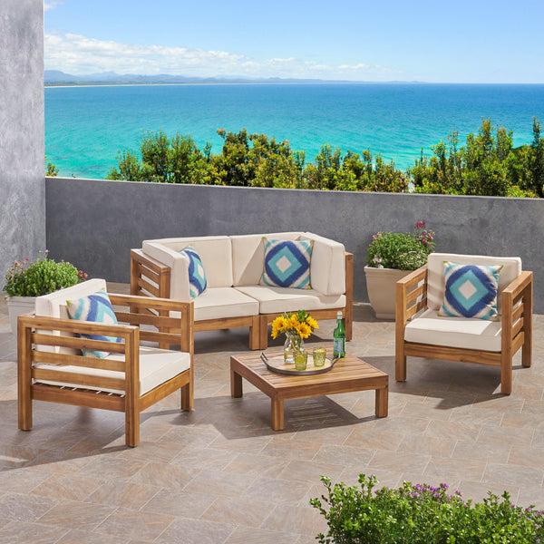 Gdf Studio Emma Outdoor 4 Seater Acacia Wood Loveseat Chat Set