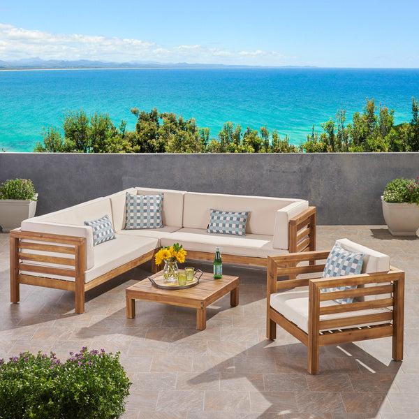 Gdf Studio Emma Outdoor 6 Seater Acacia Wood Sectional Sofa And Club Chair Set