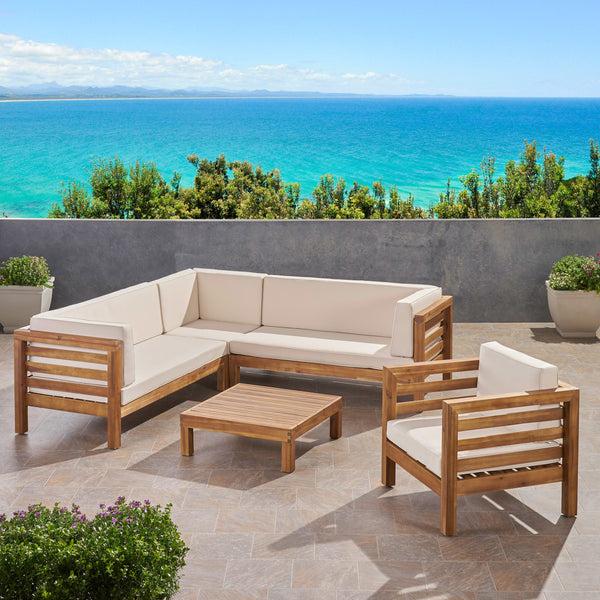 Gdf Studio Emma Outdoor 6 Seater Acacia Wood Sectional Sofa And Club Chair Set