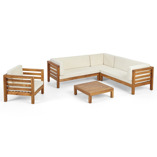 gdf studio Emma Outdoor 6 Seater Acacia Wood Sectional Sofa and Club Chair Set