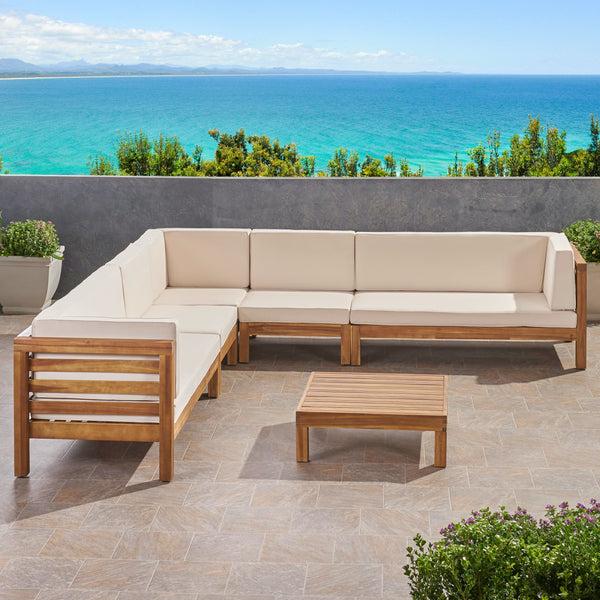 Gdf Studio Emma Outdoor 7 Seater Acacia Wood Sectional Sofa Set