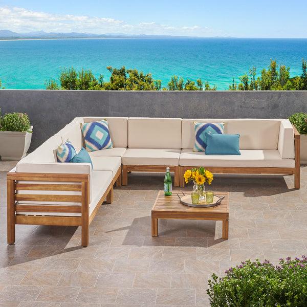 Gdf Studio Emma Outdoor 7 Seater Acacia Wood Sectional Sofa Set
