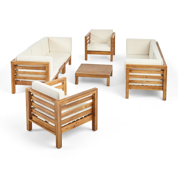 Gdf Studio Emma Outdoor 8 Seater Acacia Wood Sofa And Club Chair Set