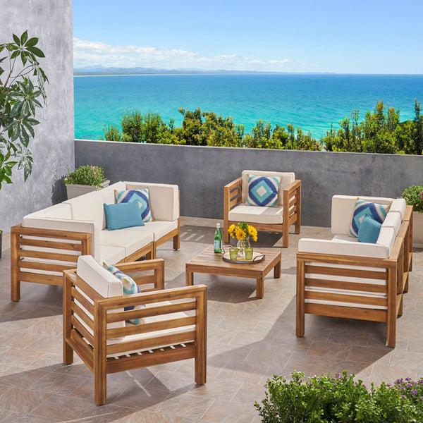 Gdf Studio Emma Outdoor 8 Seater Acacia Wood Sofa And Club Chair Set