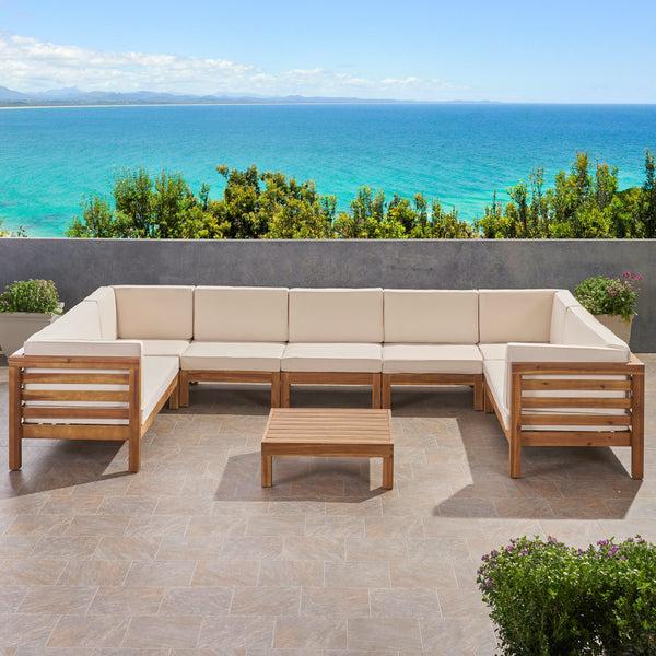 Gdf Studio Emma Outdoor 9 Seater Acacia Wood Sectional Sofa Set