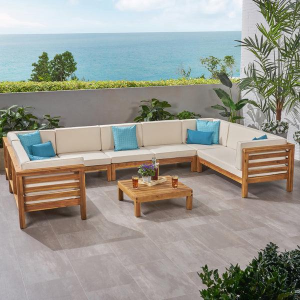 Gdf Studio Emma Outdoor 9 Seater Acacia Wood Sectional Sofa Set