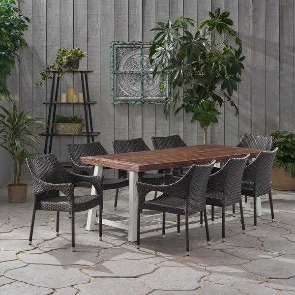 Gdf Studio Emmalynn Outdoor Wood And Wicker 8 Seater Dining Set
