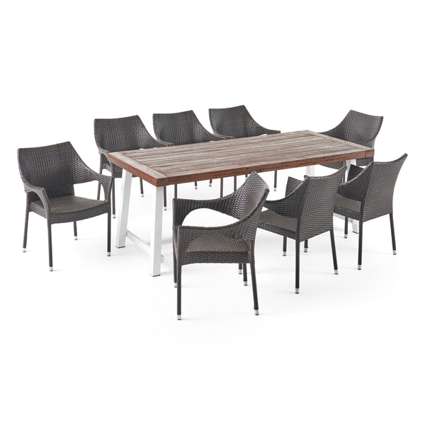 gdf studio Emmalynn Outdoor Wood and Wicker 8 Seater Dining Set