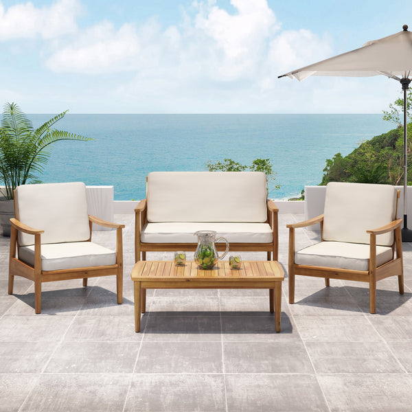Gdf Studio Emmry Outdoor Acacia Wood 4 Seater Chat Set With Coffee Table