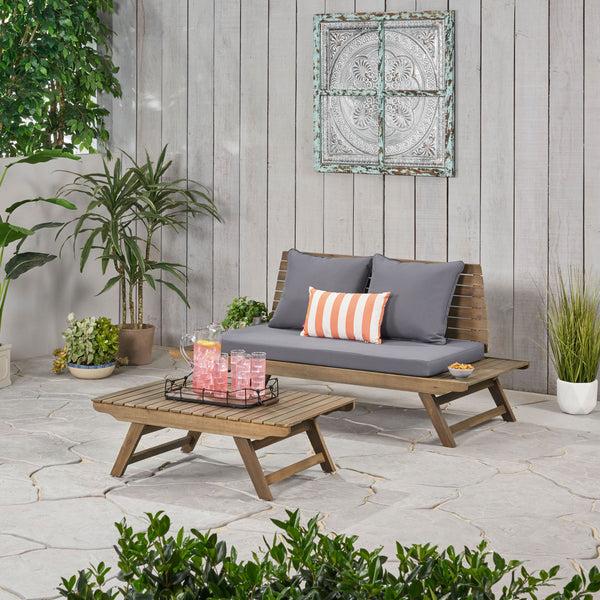 Gdf Studio Enid Outdoor 2 Seater Acacia Wood Loveseat And Coffee Table Set