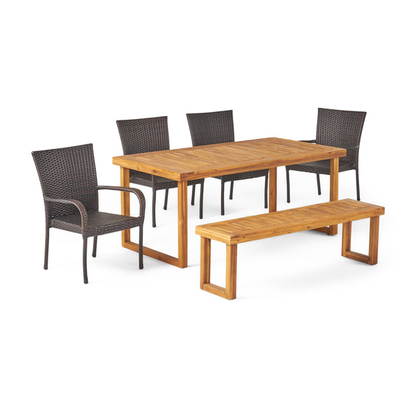 Gdf Studio Eric Outdoor 6-Seater Wood And Wicker Chair And Bench Dining Set